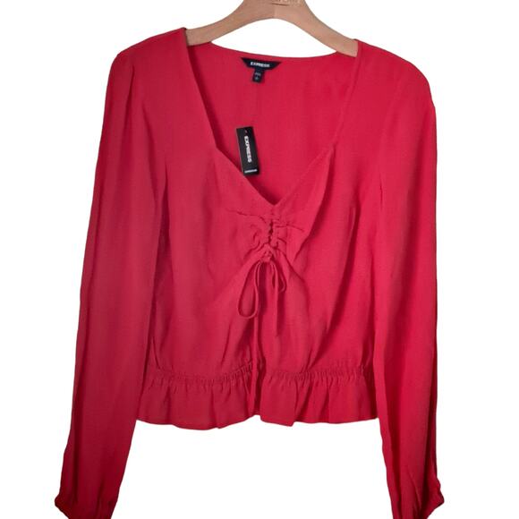 NWT Express Sweetheart Shirred Keyhole Red Peplum Top Small - Picture 3 of 10